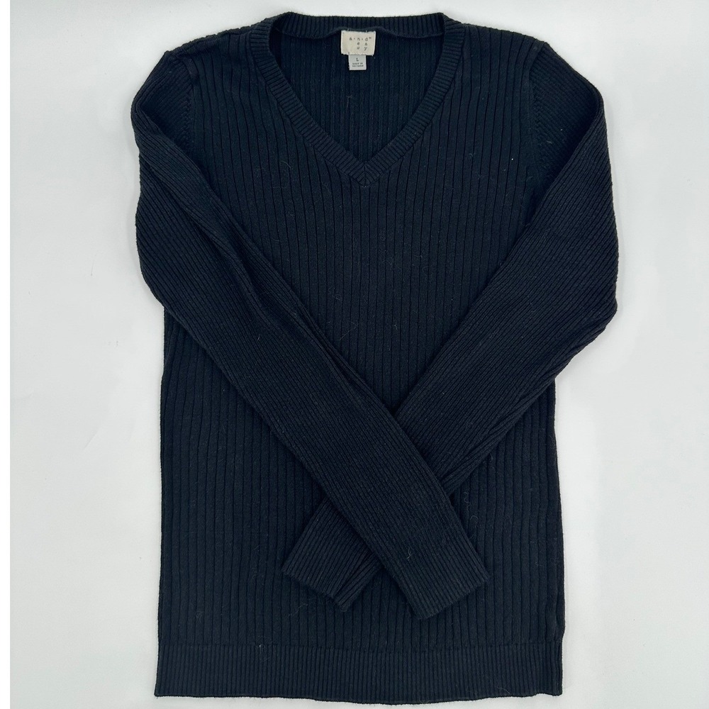 A New Day Sweater V Neck Ribbed Knit Modern Women Size Large Black Long Sleeve